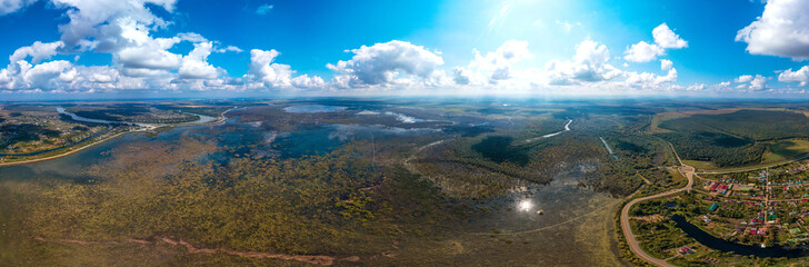 aerial panorama of the drying up Shapshugsky reservoir and the village of Afipsip on a sunny day in early autumn