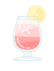 Alcoholic cocktail tumbler in glass with slice of lemon vector illustration of summer beach drink on white background