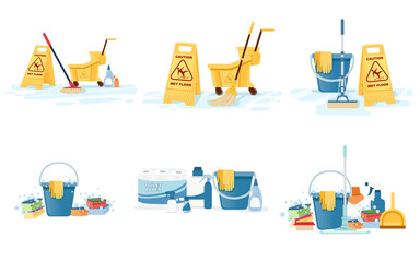 Set of group of cleaning tools wet floor sign mop bucket and chemical cleaning supplies flat vector illustration on white background