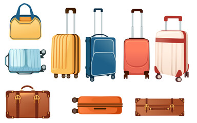 Set of different color luggage for travel suitcase for vacation and journey vector illustration on white background - obrazy, fototapety, plakaty