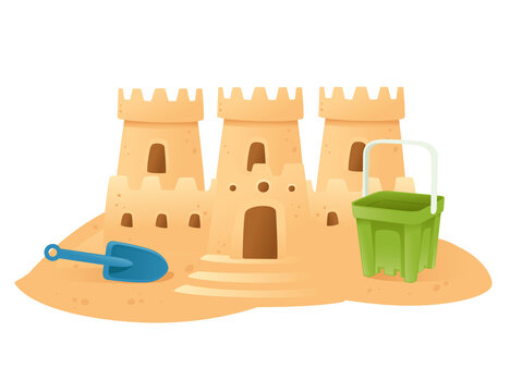 Sandcastle on the beach happy childhood hobby building with sand shovel and bucket vector illustration on white background