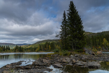 Fototapeta na wymiar Norwegische Wasserläufe mit angrenzenden Wäldern