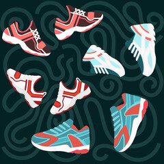 Seamless pattern of modern sneakers shoes colored design sports casual wear vector illustration on dark pattern background