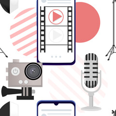 Seamless pattern or film production cinematography concept media player on smartphone with professional tools vector illustration on white background