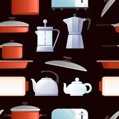 Seamless pattern of different types teapots electric coffee ceramic and metal kettles vector illustration on dark background