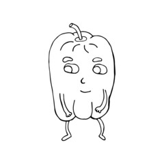 Funny cartoon character sweet pepper. Vegetables and fruits. Vector illustration. Isolated. Doodles. Comics. Coloring pages for children and adults.
