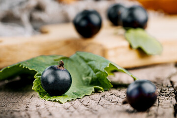 Fresh black currant. A handful of berries on a wooden table