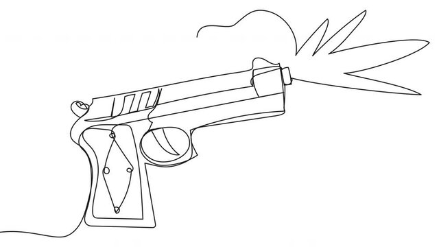 Self-drawing big pistol one line on a white background. American military weapon Desert Eagle. A self-loading handgun with strong combat power. 4k animation with alpha channel. Stock video of weapons.