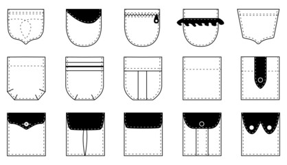 Patch pocket  set kets for clothes, shirts, dresses, pants, coats, jackets. Vector isolated.