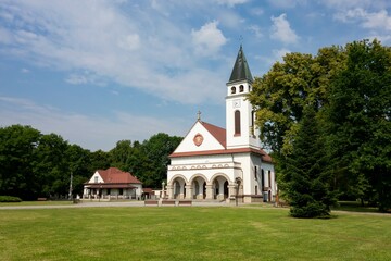 Fototapeta na wymiar Landscape in Ostrava-Poruba with building of Kostel Krista Krale church