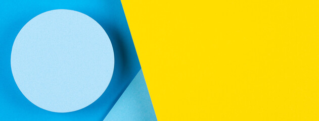Abstract geometric light blue and yellow color background. Round shape platform podium for product...