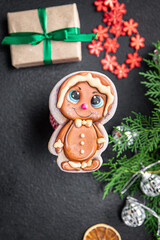 gingerbread cookie christmas card sweet dessert new year homemade pastries biscuit food background rustic top view copy space holiday gift decor 