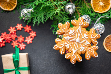 gingerbread cookie christmas card sweet dessert new year homemade pastries biscuit food background rustic top view copy space holiday gift decor 