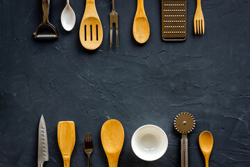 Kitchenware cooking tools and utensils. Cooking background, flat lay
