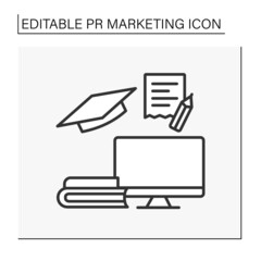 Education line icon. Brand marketing intern. Apprenticeship. Computer, books and notes. PR marketing concept. Isolated vector illustrations. Editable stroke