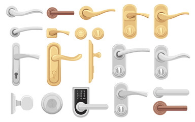 Set of different form lock metal silver and gold door or window handle set flat vector illustration on white background