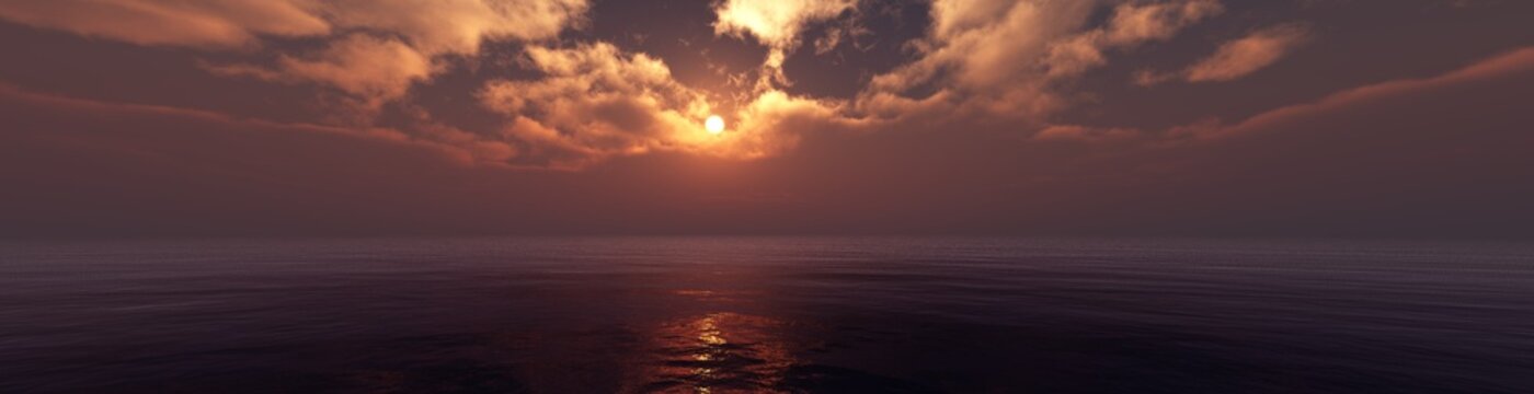 Dramatic sunset over the ocean surface, sea waves in the rays of the setting sun under a gloomy sky with clouds, 3D rendering