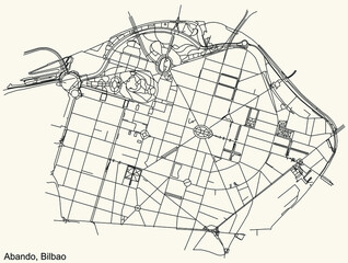 Detailed navigation urban street roads map on vintage beige background of the quarter Abando district of the Spanish regional capital city of Bilbao, Spain