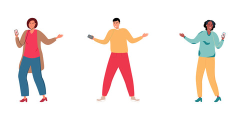 young stylish guy with a phone in his hands, listens to music. cartoon flat vector. fashionable guy communicates on the phone with headphones. online communication among young people