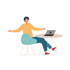 cartoon stylish young man with a laptop communicates in headphones, at a table. flat vector. guy in a trendy sweater and pants at an online business meeting. modern technologies.