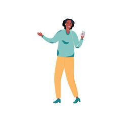 
black girl with a phone in her hands, listening to music through the application. flat vector. teenager in a stylish pig and trousers with a phone in his hands. Phone app concept.