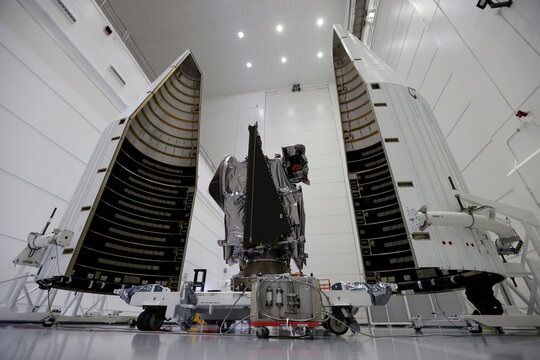 NASA’s Lucy spacecraft is shown as it is prepared for launch in October aboard a United Launch Alliance Atlas 5 rocket