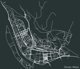 Detailed negative navigation urban street roads map on dark gray background of the quarter Deusto district of the Spanish regional capital city of Bilbao, Spain