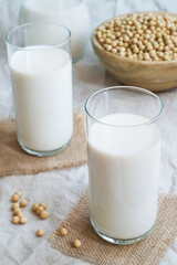 Glasses of soy milk drink, with soja bean in background. Alternative milk with low calories but high protein and less saturated fat.