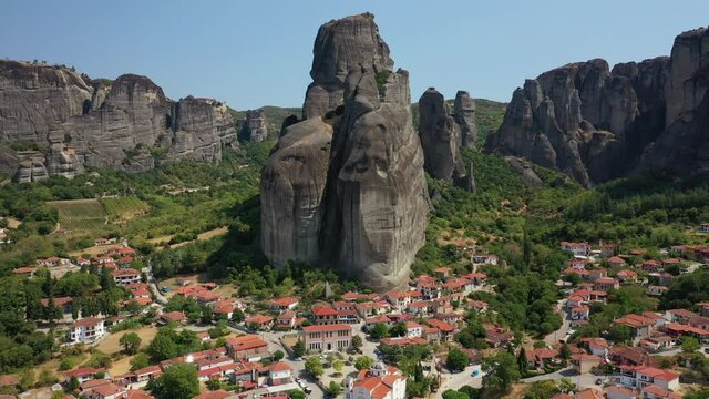 Aerial drone panoramic video of iconic Kastraki village built on the slopes of Meteora monasteries complex an Unesco World Heritage site, Thessaly, Greece