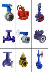 nine valves of various designs with automatic and manual control for a gas pipeline on a white background - 459980526