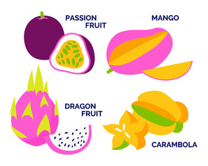 Exotic fruits set. Tropic fruit collection. Passion fruit, mango, dragon fruit, carambola. Vector illustration isolated
