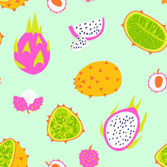 Seamless pattern with exotic fruits - dragon fruit, kiwano melon, lychee. Vector illustration for wrapping paper, postcards, wallpaper.