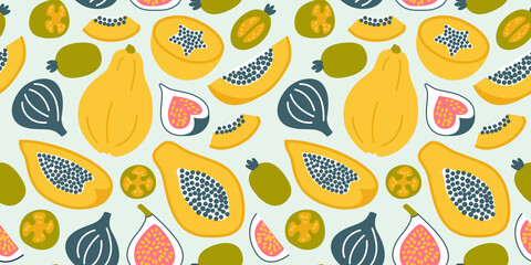 Seamless vector pattern with exotic fruits. Pastel color illustration for background, fabric, wrapping paper