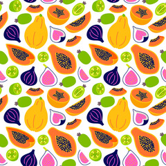 Exotic fruits seamless pattern. Vector illustration on white background for textile, fabric, wallpaper.