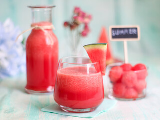 A refreshing watermelon juice, cold drink for summer. And idea for top health benefit and hydrating for hair and skin 