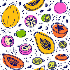 Vector illustration with papaya, feijoa and chrysophyllum cainito. Seamless doodle pattern of exotic fruits for paper, fabric, textile