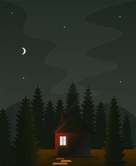 Flat illustration of a wooden cabin in the night mountain forest with smoke from the chimney and moon in the sky.
