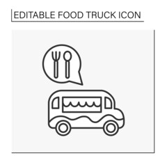 Food van line icon. Commercial vehicle for selling tasty dishes. Wheeled restaurant. Mobile road cafe. Food truck concept. Isolated vector illustration. Editable stroke