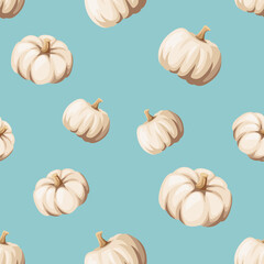 Vector autumn seamless pattern with white pumpkins on a blue background.