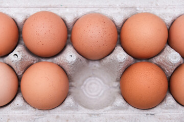 Carton box of brown chicken eggs with one egg missing, empty space, slot