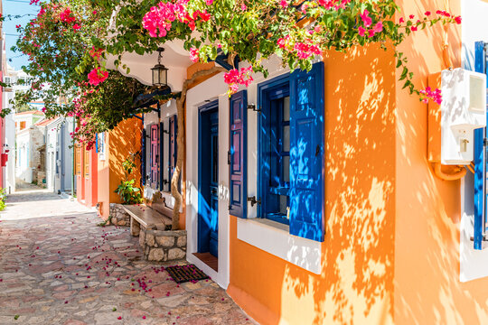 Colorful house on the island of Halki, part of the Dodecanese island chain, Greece