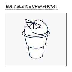  Vanilla ice cream line icon. Delicious dessert. Tasty frozen ice in waffle bowl with lime decoration. Summer sweets. Isolated vector illustration.Editable stroke