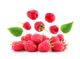 fresh raspberries. flying berries. isolation on white background with reflection 