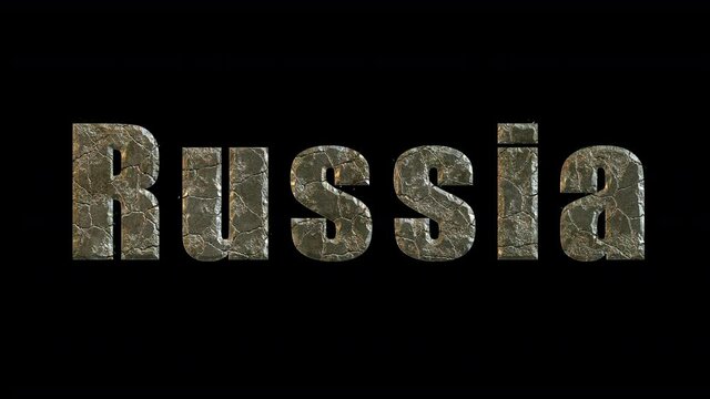 Gilded text Russia erodes cracks and is covered with moss. Decay, decline, stagnation concept. Prorez with alpha, easy to place on any background.