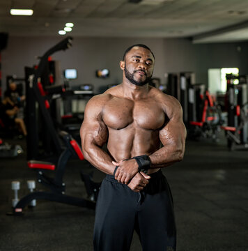 Vertical photo of the strong man with muscular body type posing in modern sports hall. Multiracial man looking away with light smile