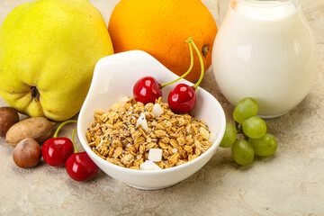 Breakfast with granola and milk