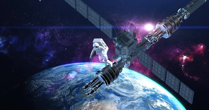 An Astronaut Flying Around Space Station. Galaxy And Planet Earth Is Visible. Space And Technology Related 4K 3D Animation.
