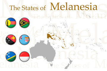 A set of Melanesian flags on a white background. Vector image of the flags of the states and dependent territories of Melanesia. For a website, brochures, banners, booklets, leaflets, travel guides.