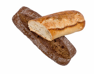 Two baguettes isolated on a white background.
