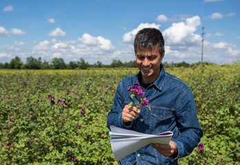 Male agronomist standing in field holding notes and tall mallow branch smiling.